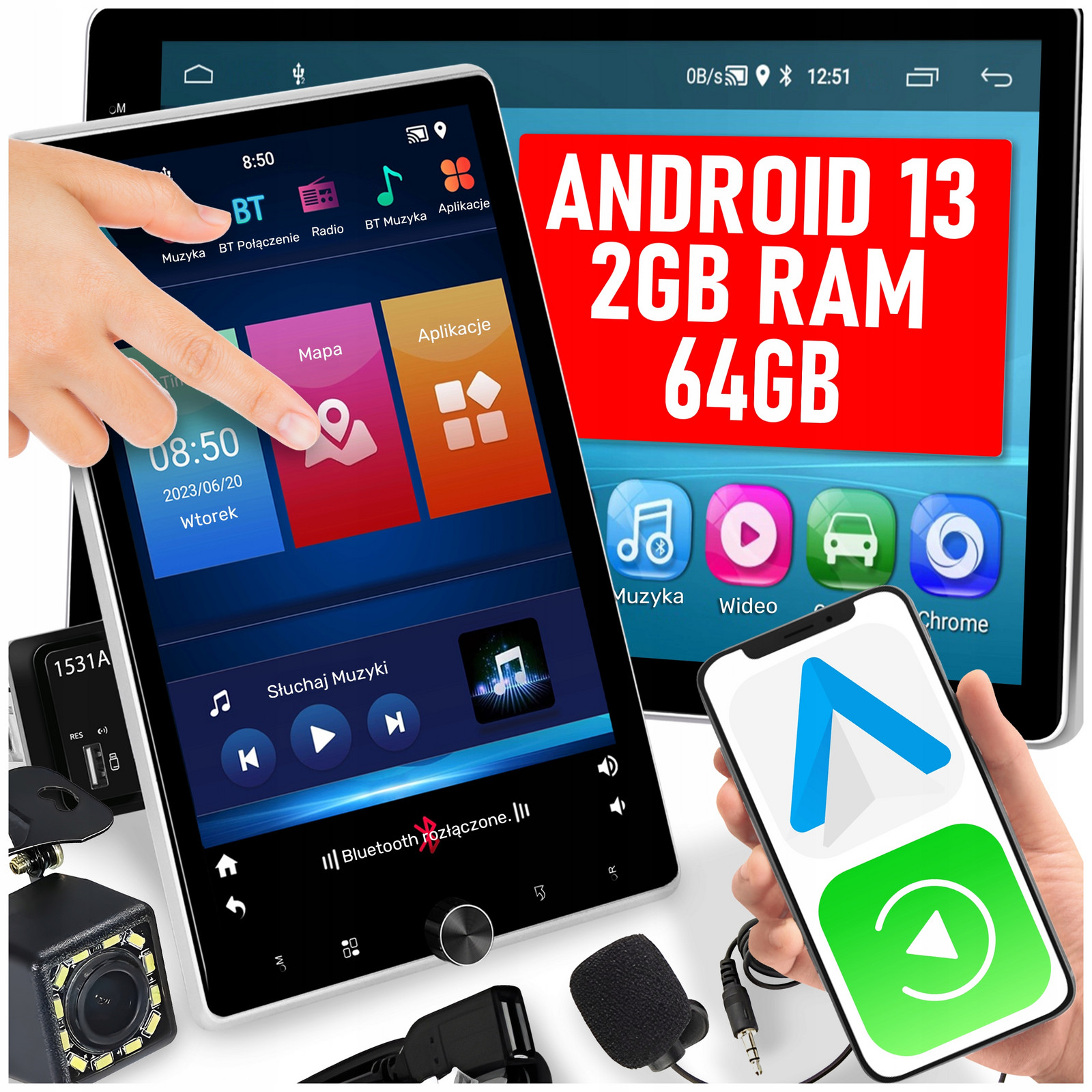 Autorádio 1 Din Android Auto Carplay Otočné 2GB/64GB Rds 10,4
