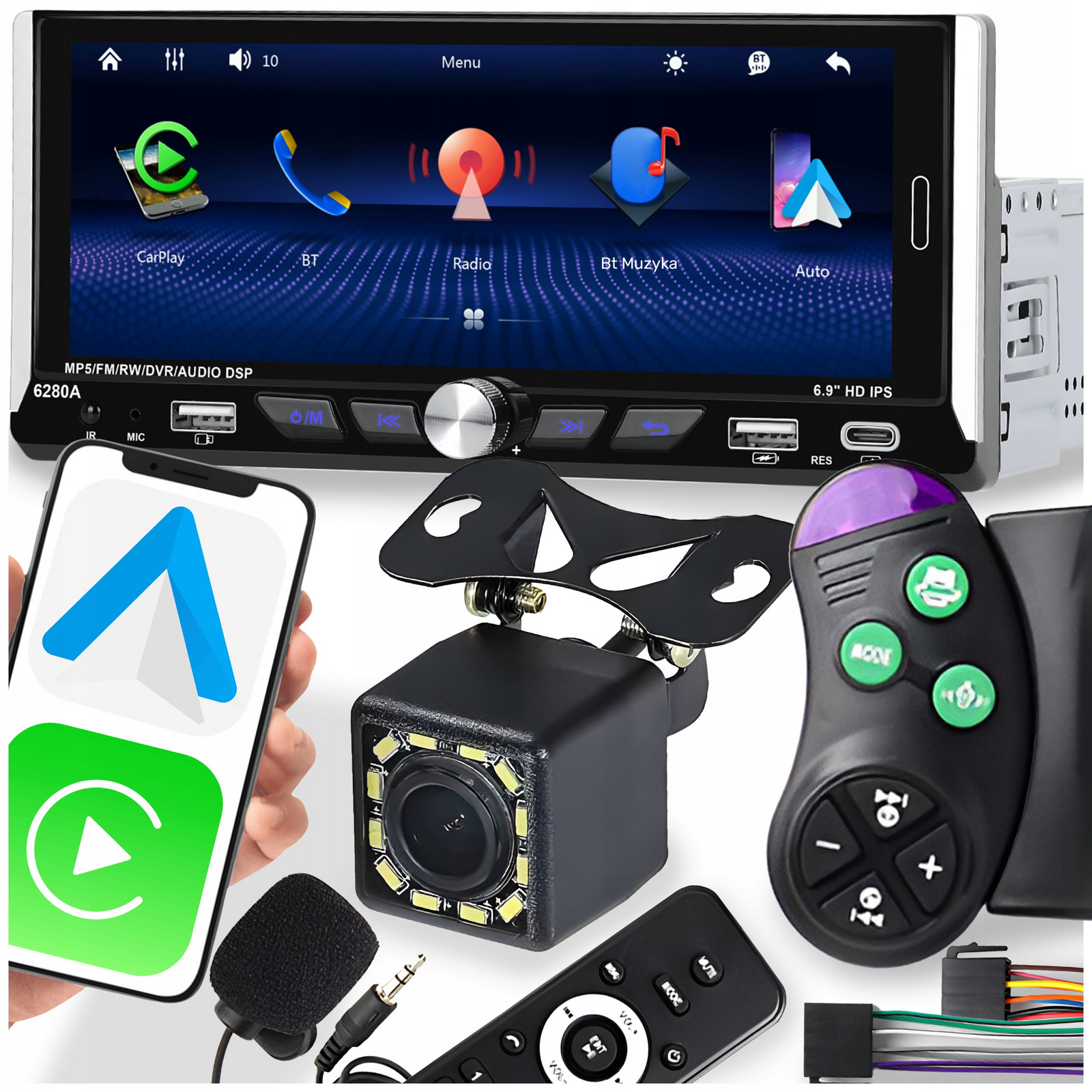 Autorádio 1 Din Android Auto Carplay Gps Usb Couvací Kamera 6.9