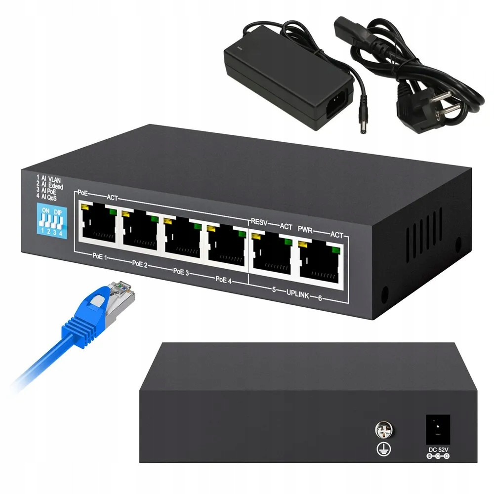 Switch Poe 4x Poe 2x Uplink 60W 10/100Mbps PoE+ Pro Kamery