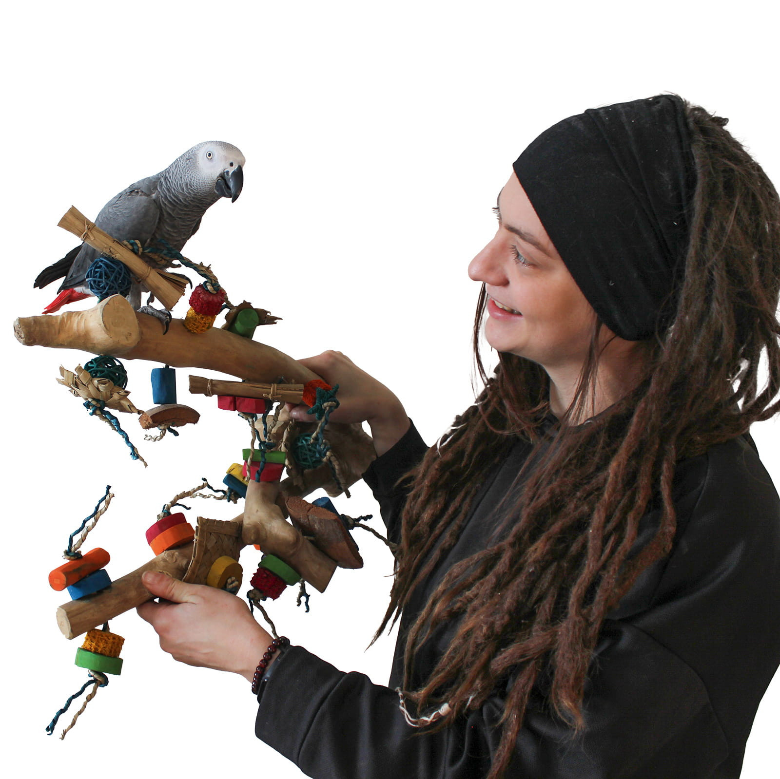 Java větev s hračkami XL jedinečný kus přírody pro velké papoušky