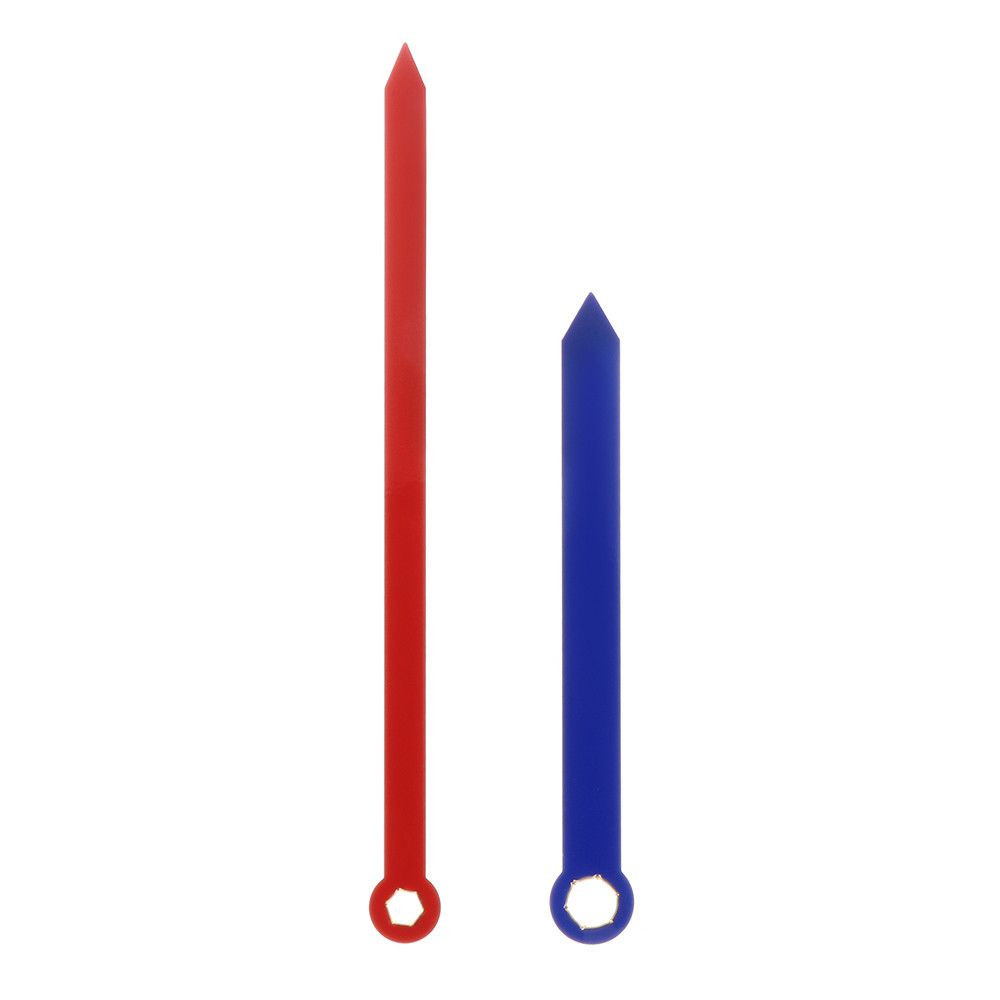 Dvoudílná sada kovových ručiček (hodinová a minutová) v červené a modré barvě o rozměrech 105 x 5 mm a 77 x 7 mm.
  Ručičky hodinové B42 pár dětské modrá/červená (150 mm, 76 mm) Ručičky hodinové B42 - červené/modré