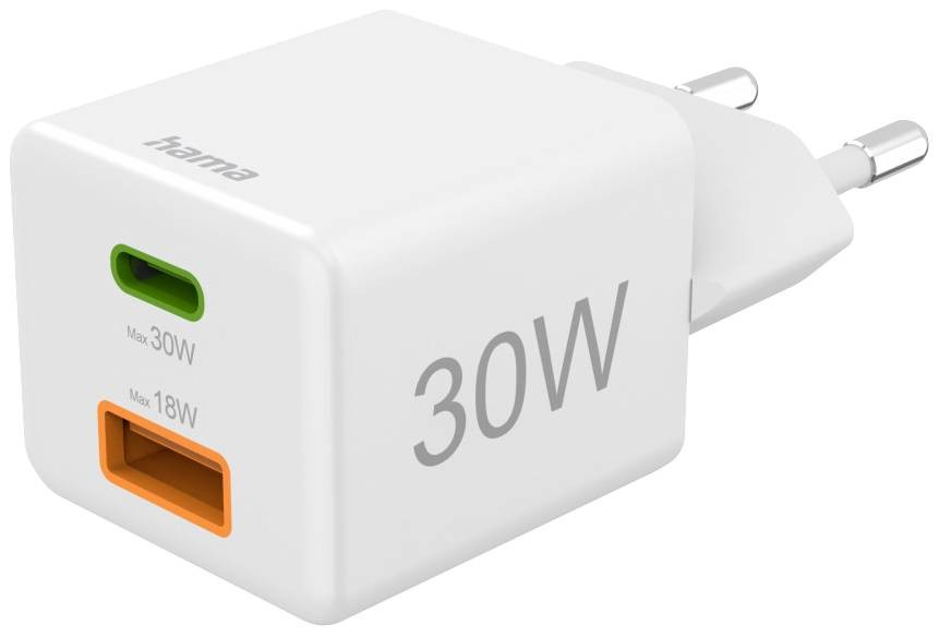 Hama Schnellladegerät, 1x USB-C PD, 1x USB-A QC, Mini-Ladegerät, 30 W, Weiß USB nabíječka vnitřní, do zásuvky (230 V) Počet výstupů: 2 x USB A, USB-C® zásuvka