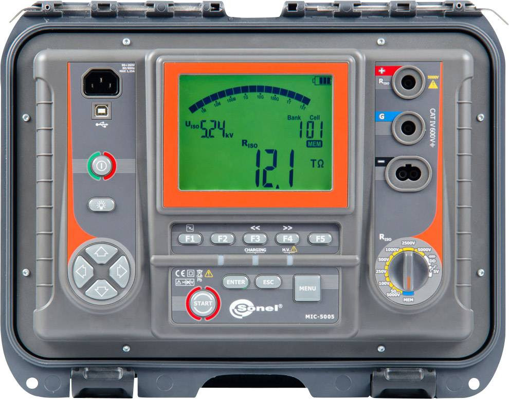 Sonel MIC-5005 tester izolací Kalibrováno dle (ISO), 250 V, 500 V, 1000 V, 2500 V, 5000 V, 15 TΩ