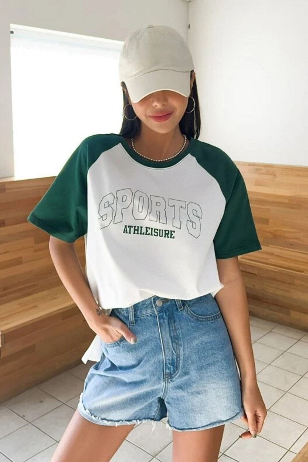 Know Women's Cotton White with Sleeves Green Sports Printed Crewneck Oversize Boyfriend T-shirt.