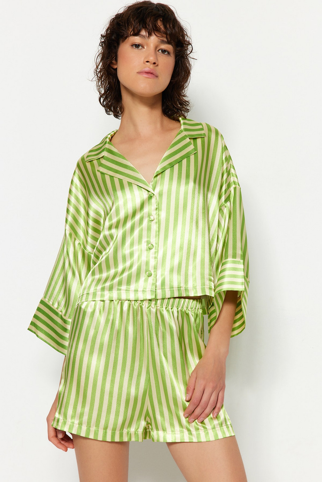 Trendyol Multicolor-Green Striped Satin Shirt-Shorts Woven Pajamas Set