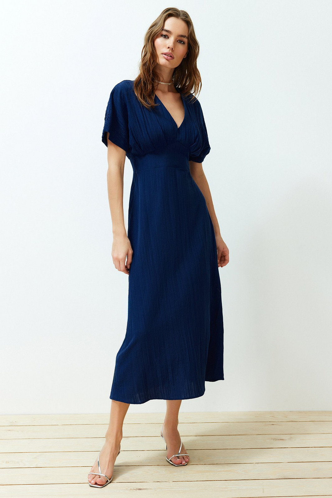 Trendyol Navy Blue A-line Corsage Detailed V-neck Woven Maxi Dress