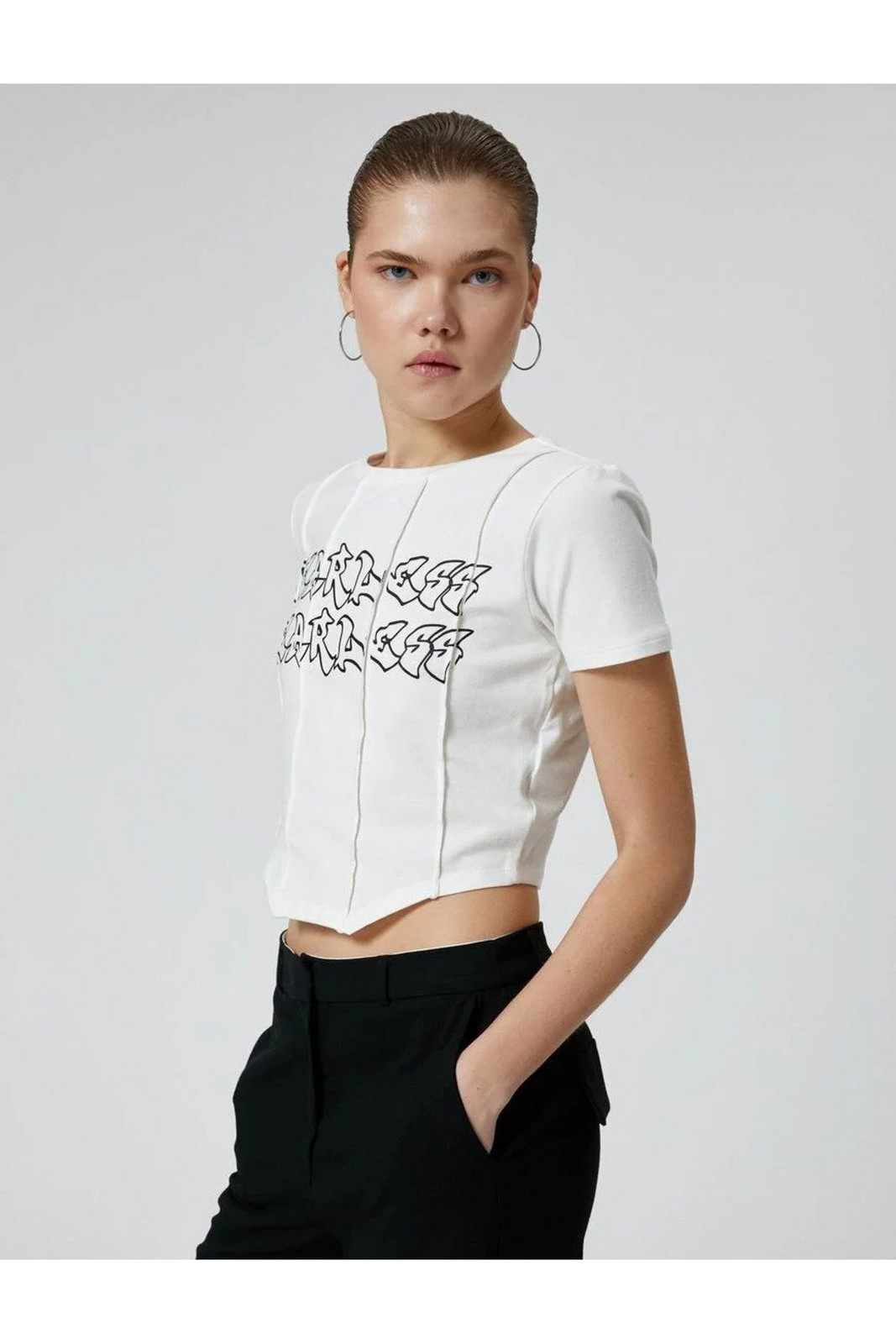 Koton Crop T-Shirt Asymmetric Cut Printed Short Sleeve Crew Neck Cotton