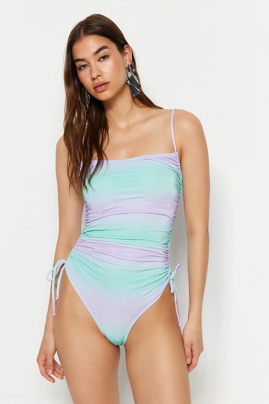Trendyol Gradient Patterned Strapless Draped High Leg Swimsuit