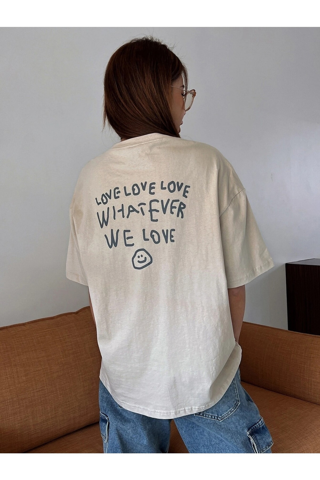 Know Women's Beige Love Love Love Printed Oversize T-shirt