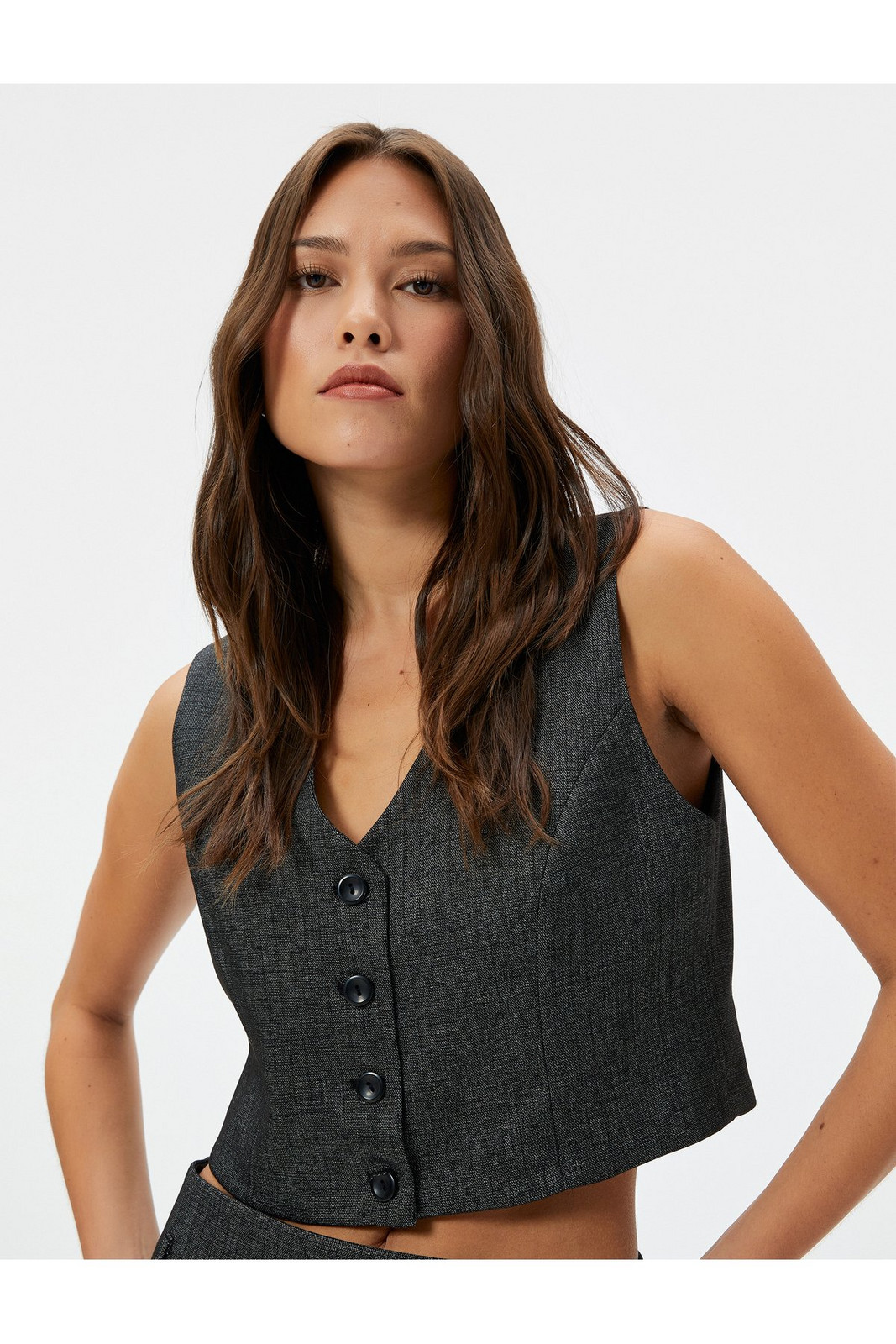 Koton Crop Vest Double Breasted Buttoned V Neck