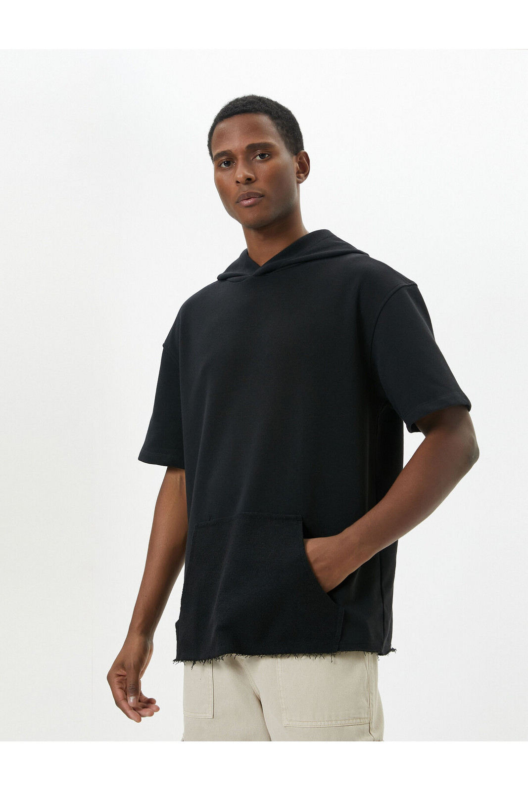 Koton Hooded T-Shirt Short Sleeve Kangaroo Pocket Detail Off Shoulders