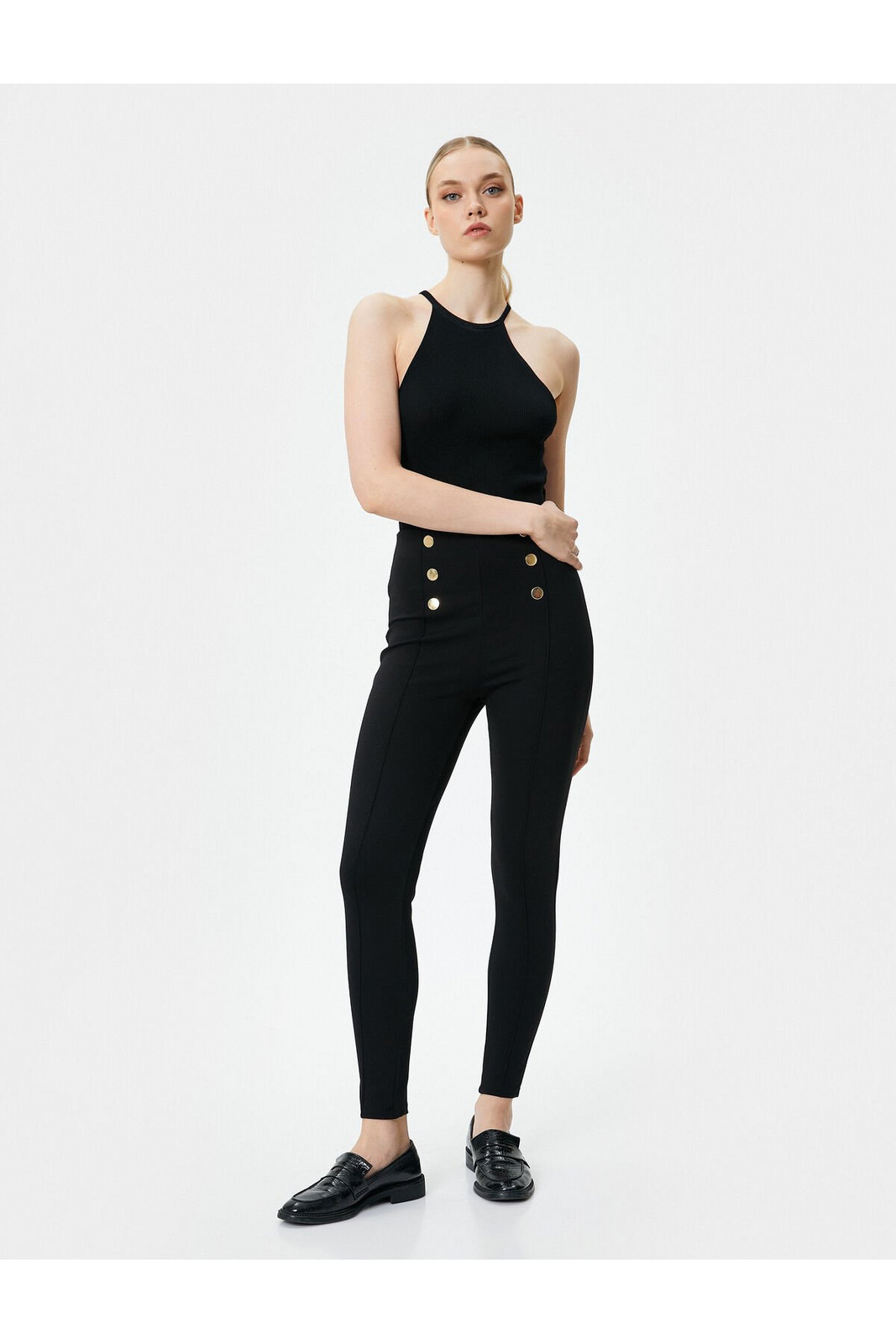 Koton Button Detailed Leggings Ribbed High Waist