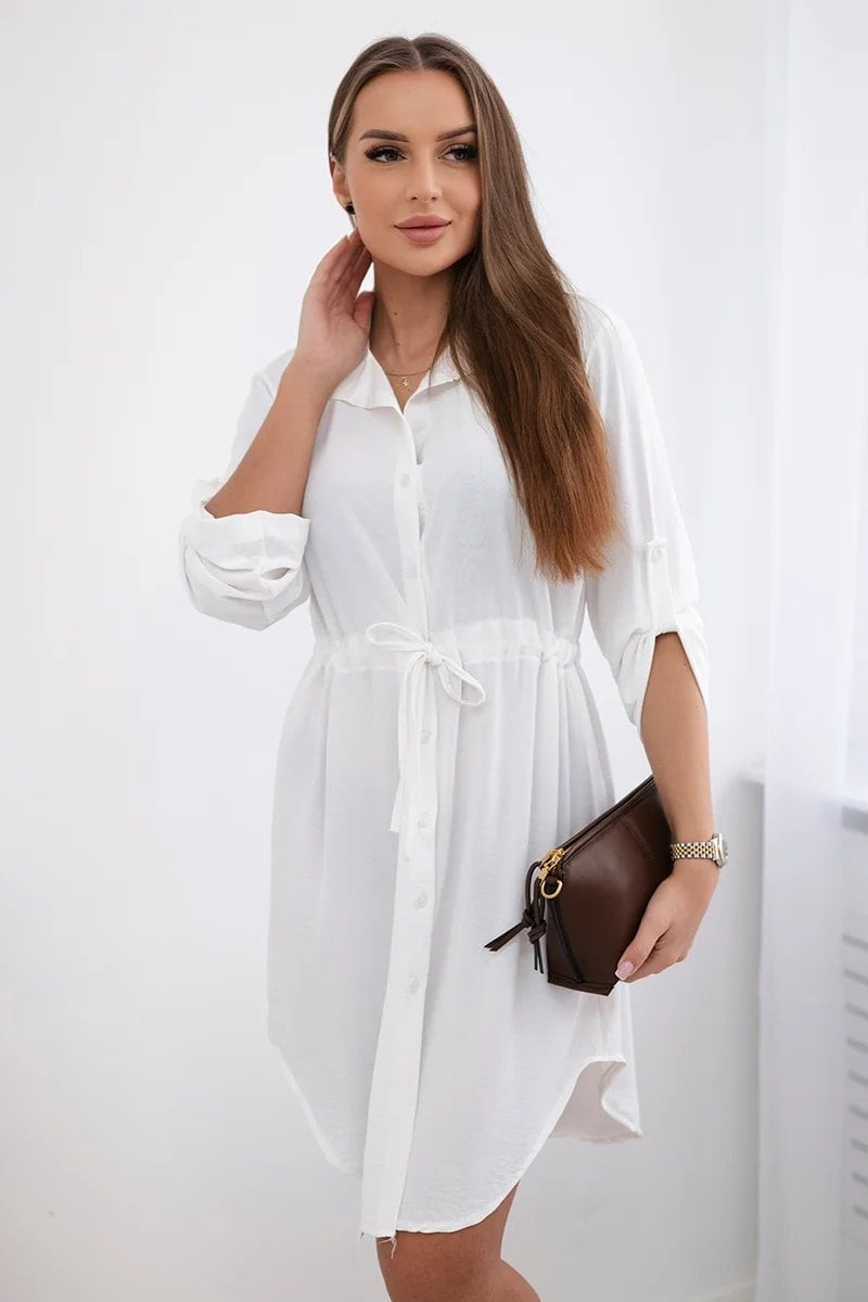 Šaty se zapínáním na knoflíky a zavazováním v pase ecru