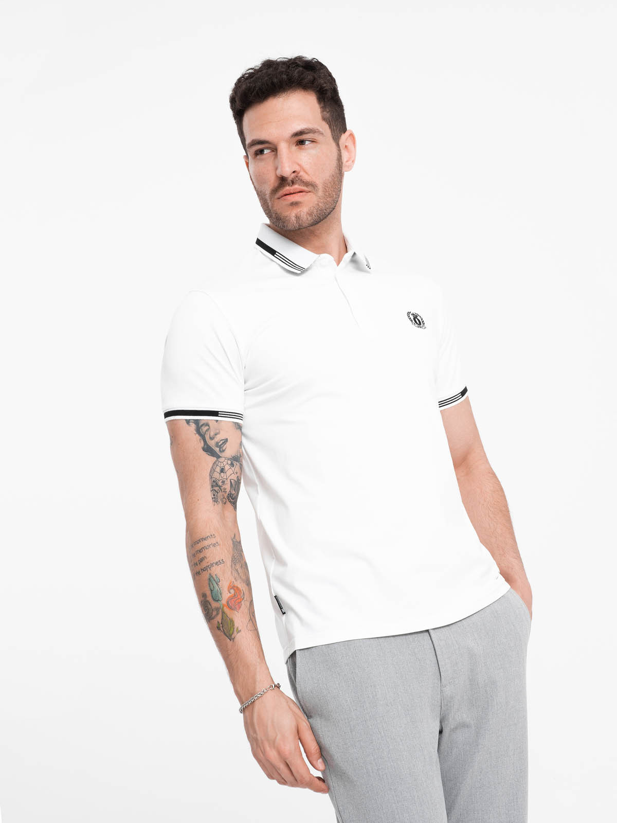 Ombre Men's elastane polo shirt with contrasting elements - white