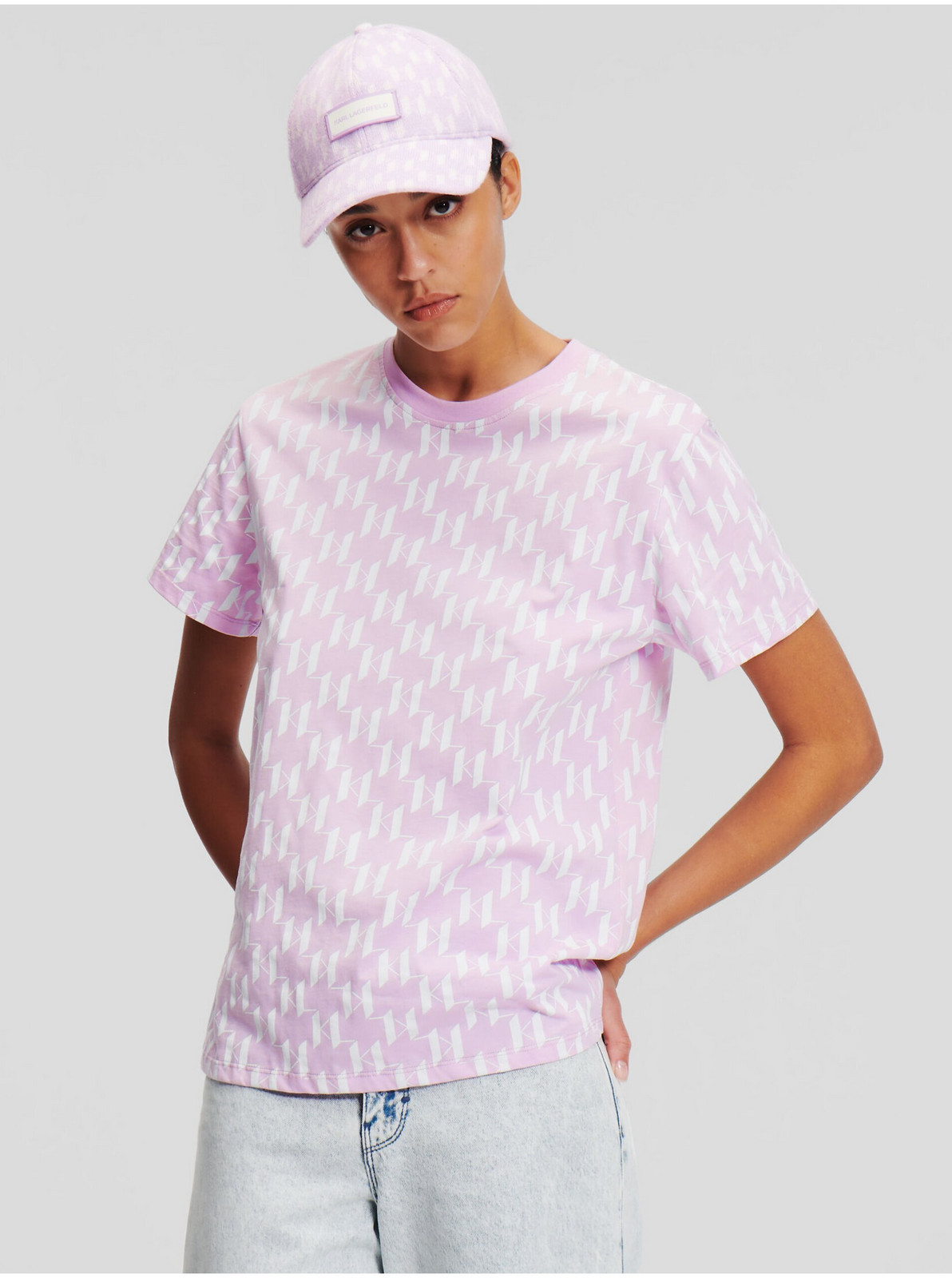 Bílo-růžové dámské tričko KARL LAGERFELD Monogram - Dámské