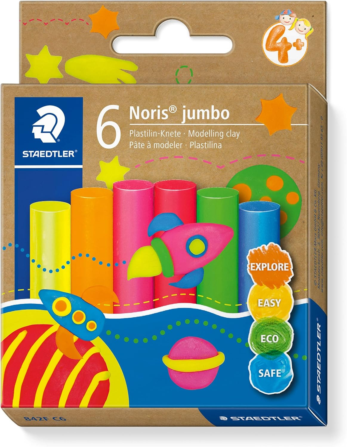 Staedtler, 842M C6, Noris Jumbo, modelovací hmota/plastelína, neonové barvy, 100 g, 6 ks