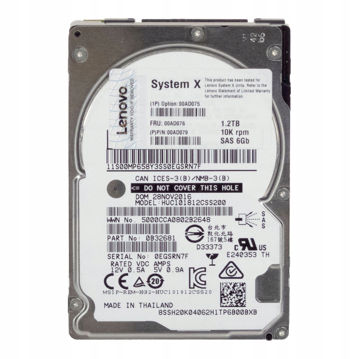 Lenovo 00AD076 00AD079 1,2TB 10K SAS-3 2,5'' HUC101812CSS200