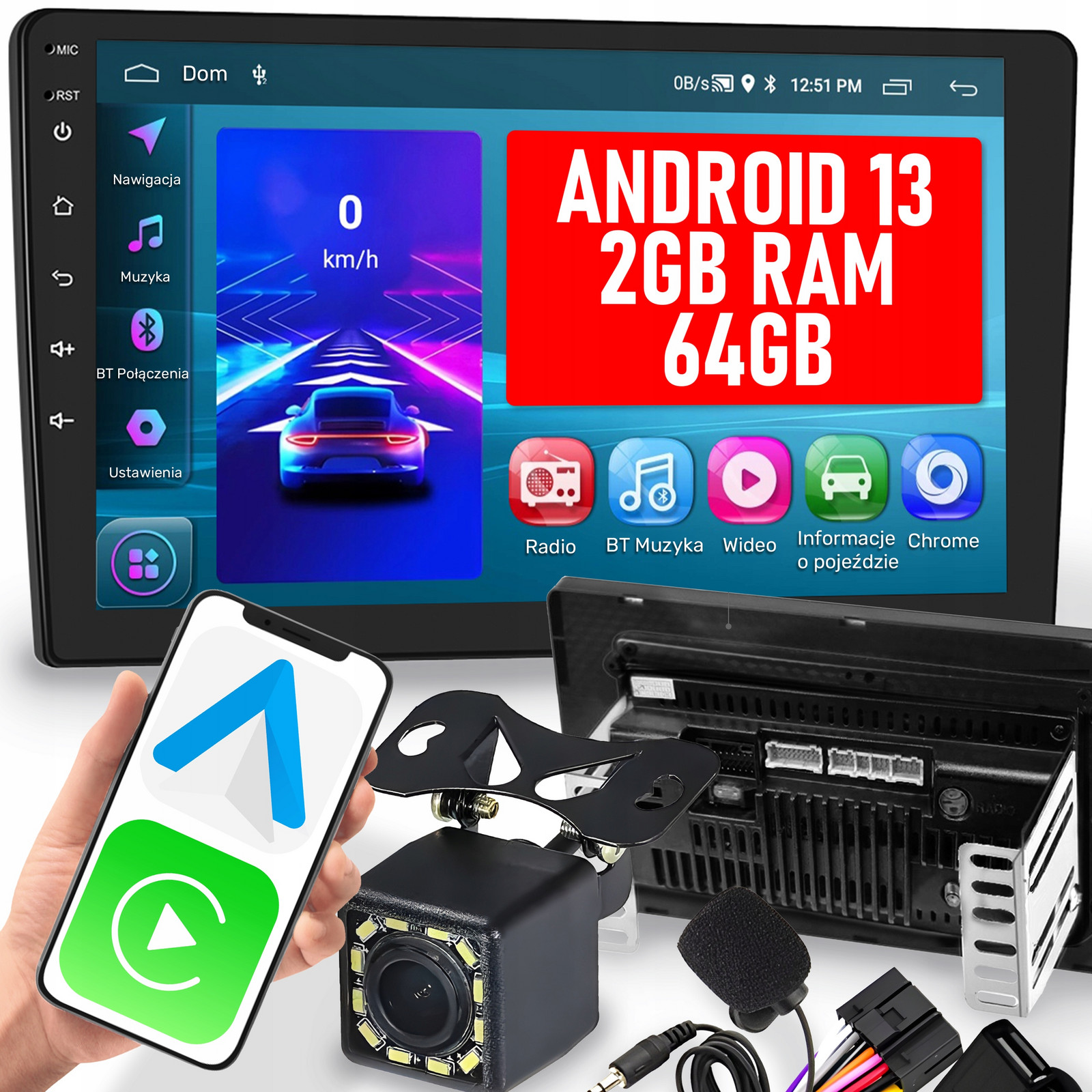 Autorádio 2 Din Android Auto Carplay Rds Wifi Gps 2GB/64GB 10.1