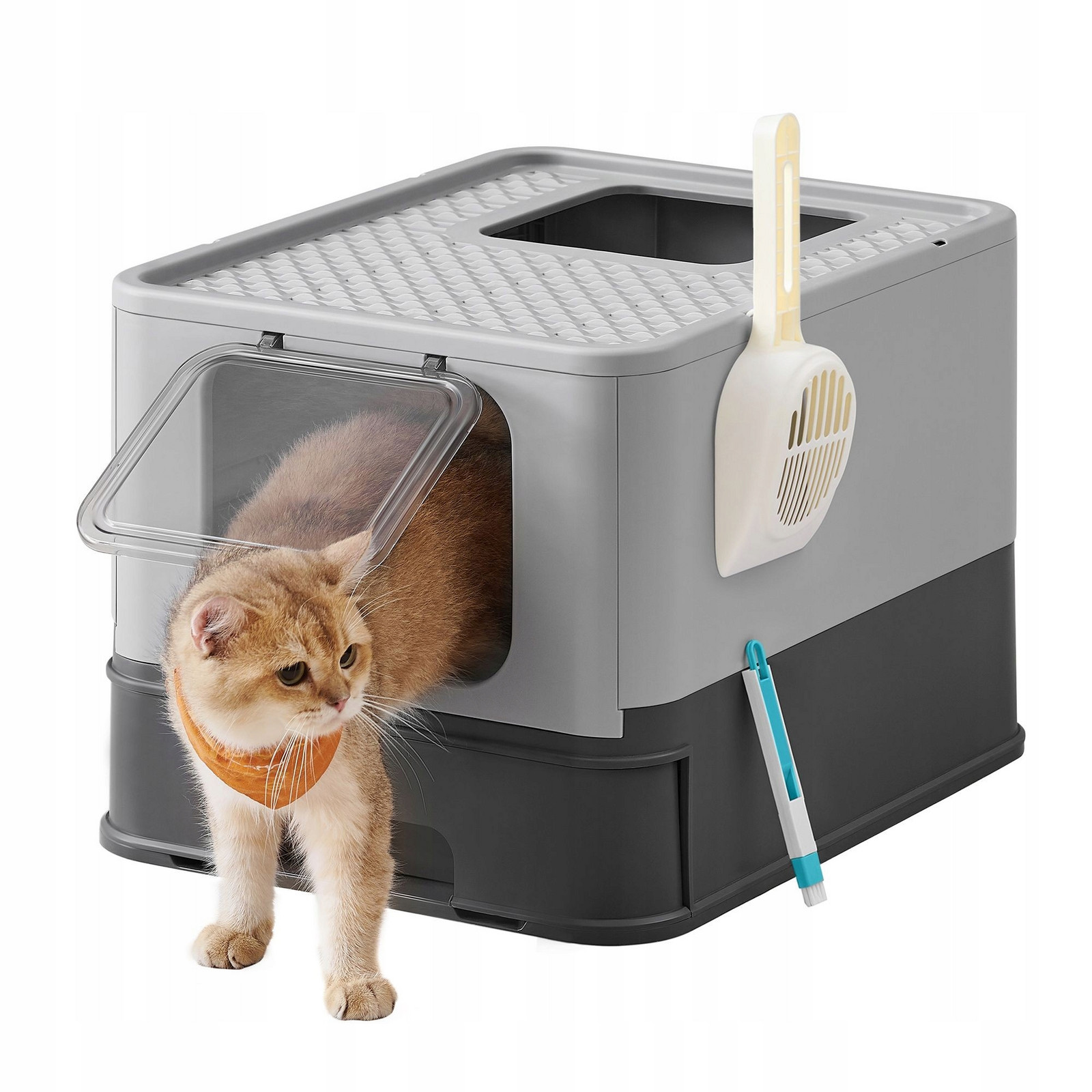 Uzamykatelná prostorná hygienická šedá toaleta pro kočky s výsuvným vzduchotěsným podnosem