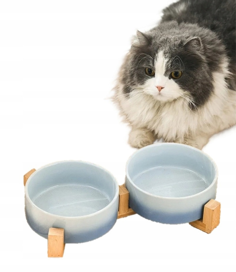Miska Pro Psa Kočku dvojitá keramická na bambusovém stojanu modrá
