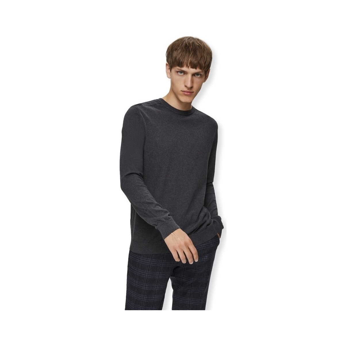 Selected  Noos Berg Crew Knit - Antracit Melange  Šedá