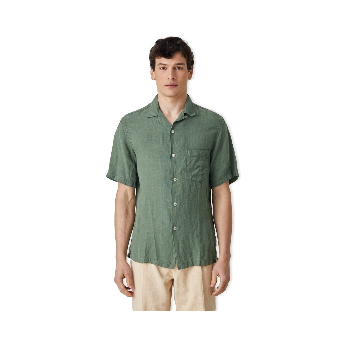 Portuguese Flannel  Linen Camp Collar Shirt - Dry Green  Zelená