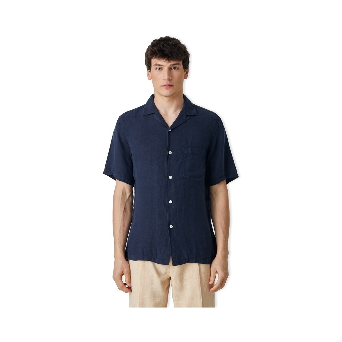 Portuguese Flannel  Linen Camp Collar Shirt - Navy  Modrá