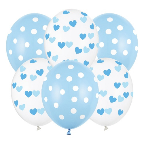 Balonky modré s potiskem 30 cm - puntíky a srdíčka, 6 ks