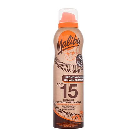 Malibu Continuous Spray Bronzing Oil Coconut SPF15 voděodolný opalovací olej ve spreji pro bronzové opálení 175 ml