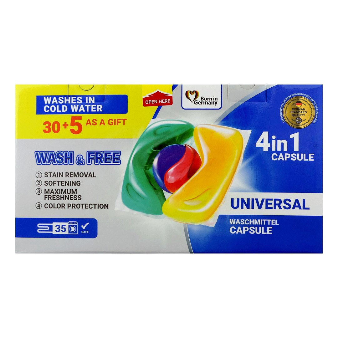 2K (DE+UA) WASH&FREE Prací kapsle XL BOX 30+5ks (35dávek) - UNIVERSAL (modrá)