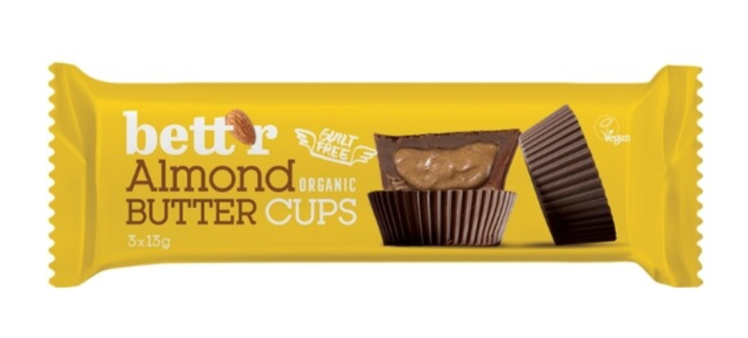 Bett'r Organic Almond Butter Cups, Čokoládové košíčky s mandlovým krémem BIO, 3 x 13 g