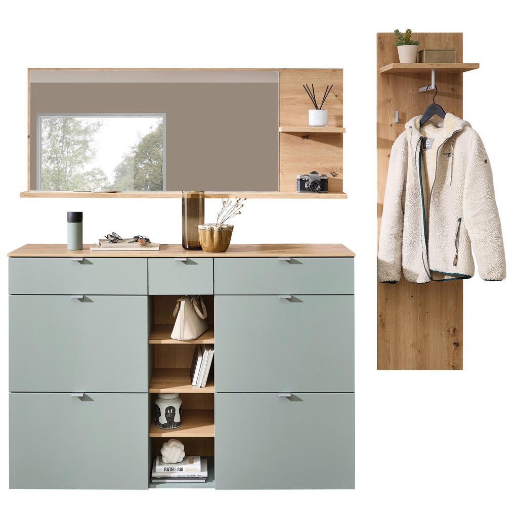 Xora ŠATNA, šalvějově zelená, dub artisan, 208/202/38 cm