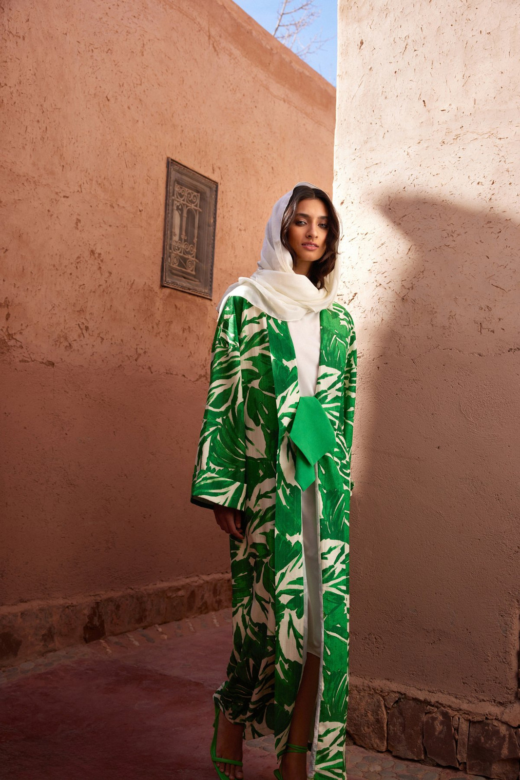 Trendyol Green Tropical Patterned Long Woven Kimono & Kaftan & Abaya