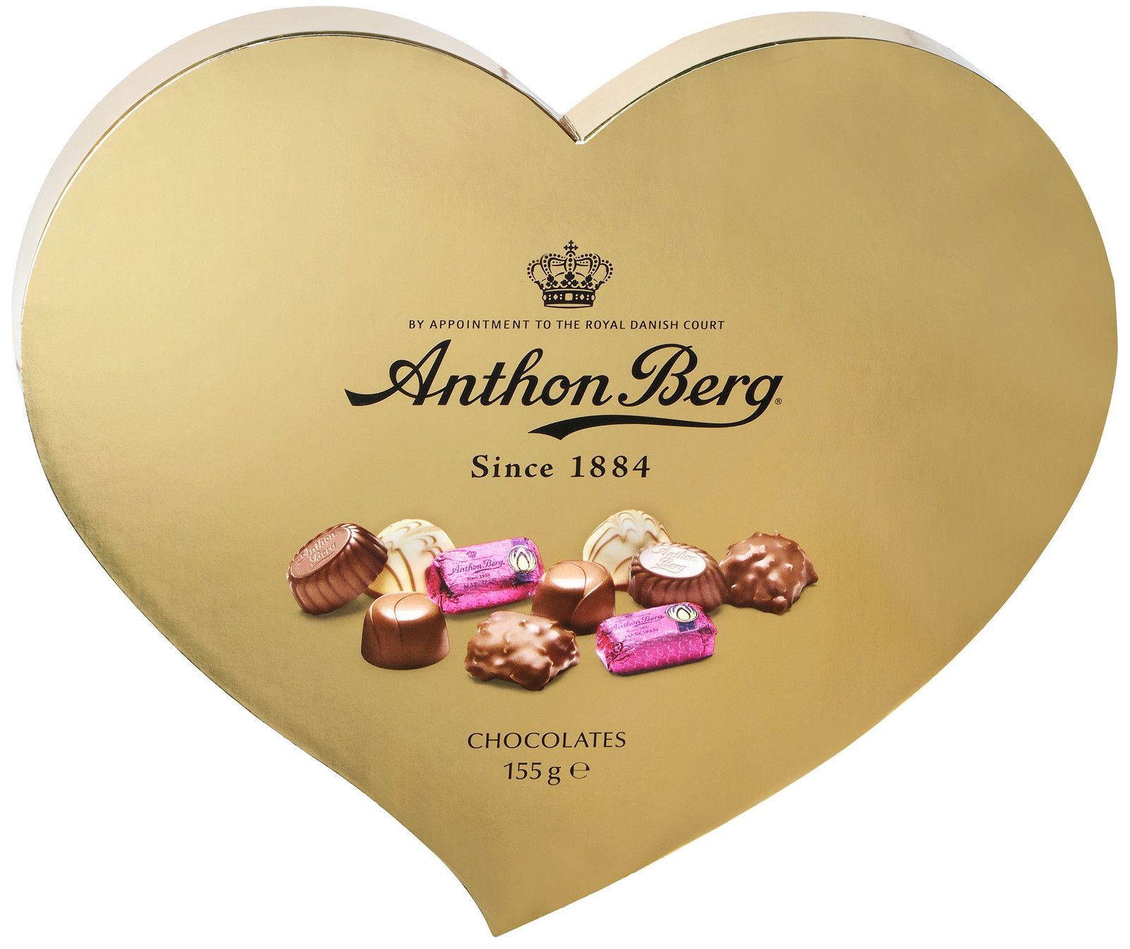 Glomex, s.r.o. Anthon Berg luxusní bonboniéra ve tvaru srdce zlatá 155 g