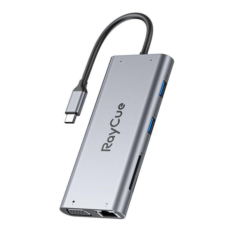 Rozbočovač 11v1 RayCue USB-C na 2x USB-A 2.0 480Mb/s + 3x USB-A 3.2 5Gb/s + SD/TF 3.0 + HDMI 4K30Hz + VGA 1080p + RJ45 + PD 3.0 100W (šedý)