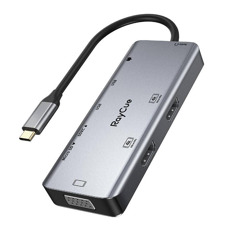 Rozbočovač 9v1 RayCue USB-C na 2x USB-A 3.0 5Gb/s + 2x SD/TF 3.0 + 2x HDMI 4K30Hz + VGA 1080p + jack 3,5mm + PD 3.0 100W (šedý)