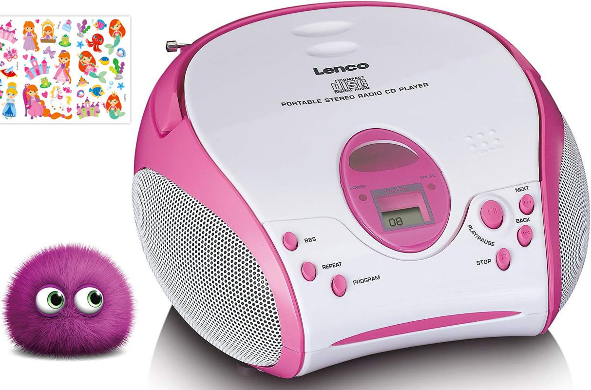 Hi-Fi radiopřijímač Lenco SCD-24PK kids CD Rádio Růžově Bílá Samolepky