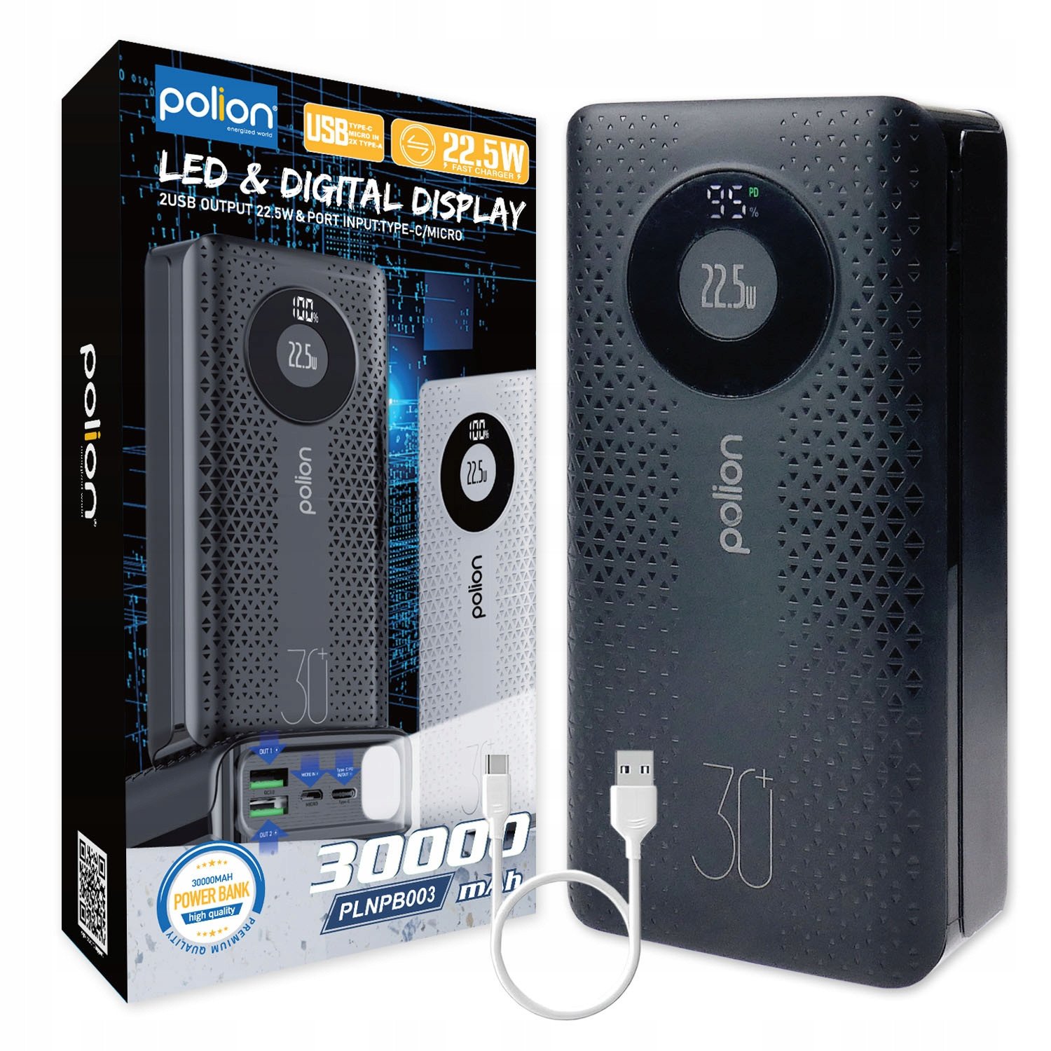 Powerbanka Polion Rychlé nabíjení 22.5W 30000mAh Usb-c Usb-a PD3.0 QC3.0