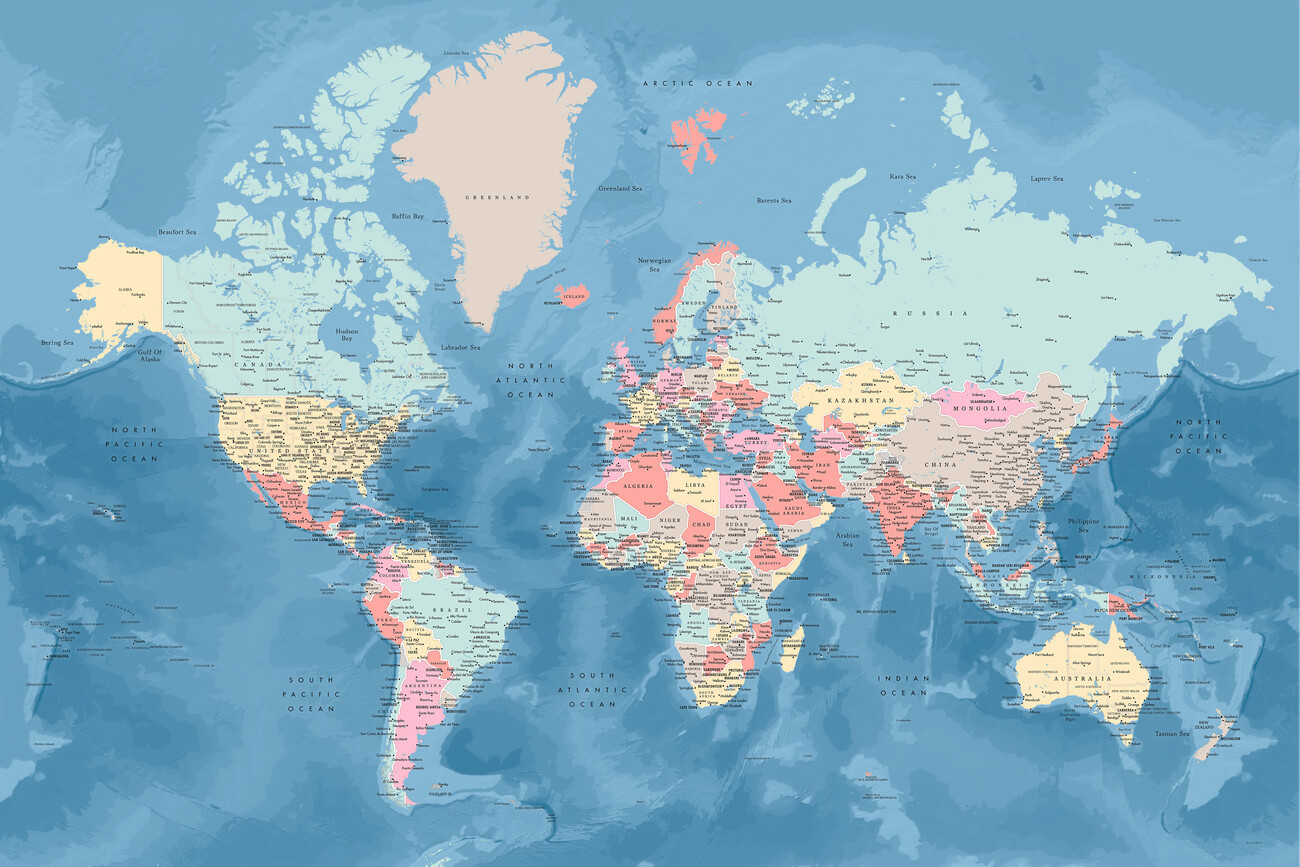 Blursbyai Mapa Light blue and pastels detailed world map, Blursbyai, (40 x 26.7 cm)