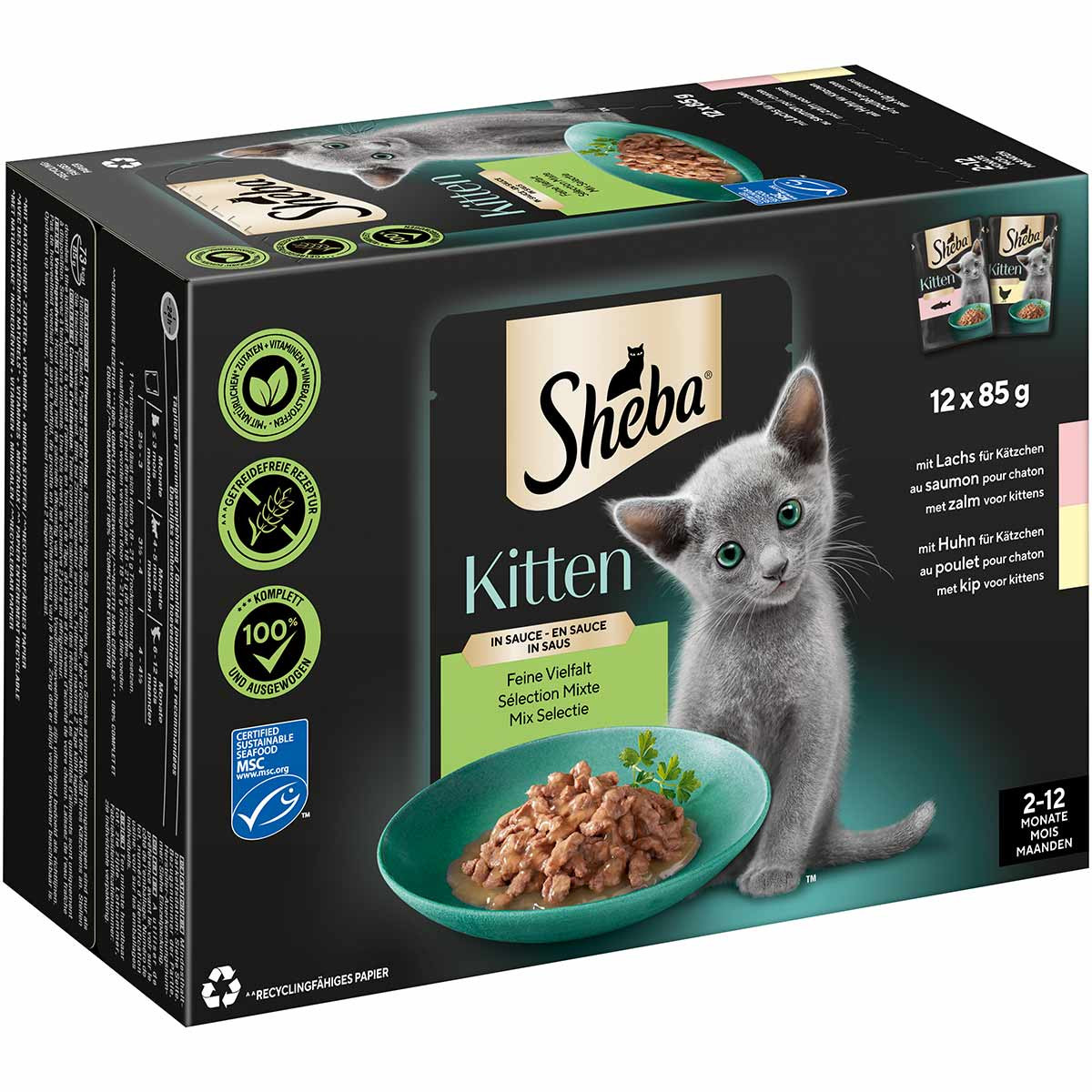 Sheba Kitten variace v kapsičkách 12× 85 g - losos a kuřecí v omáčce