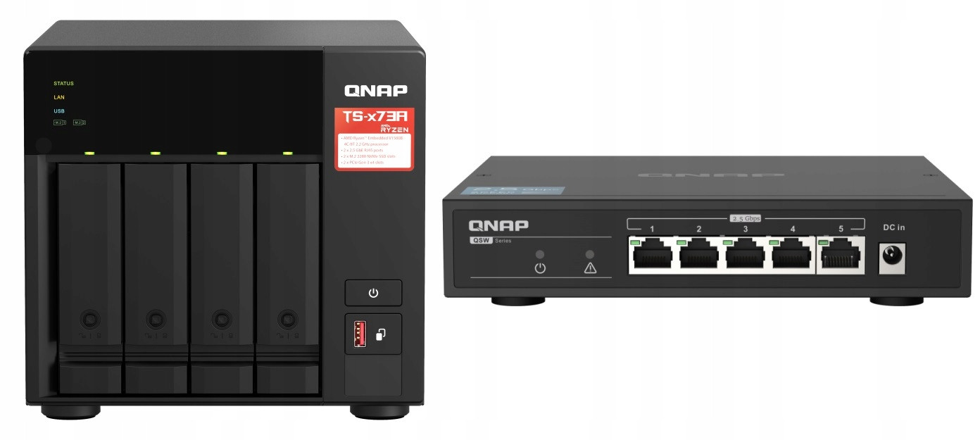 Nas souborový server Qnap TS-473A-8G switch QSW-1105-5T 2,5 GbE TS-473A-SW5T