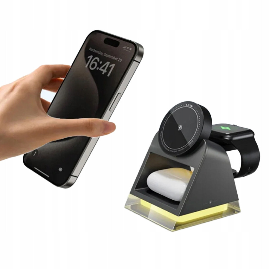 Indukční nabíječka 3v1 MagSafe iPhone Airpods iOS Android Lamp Černá