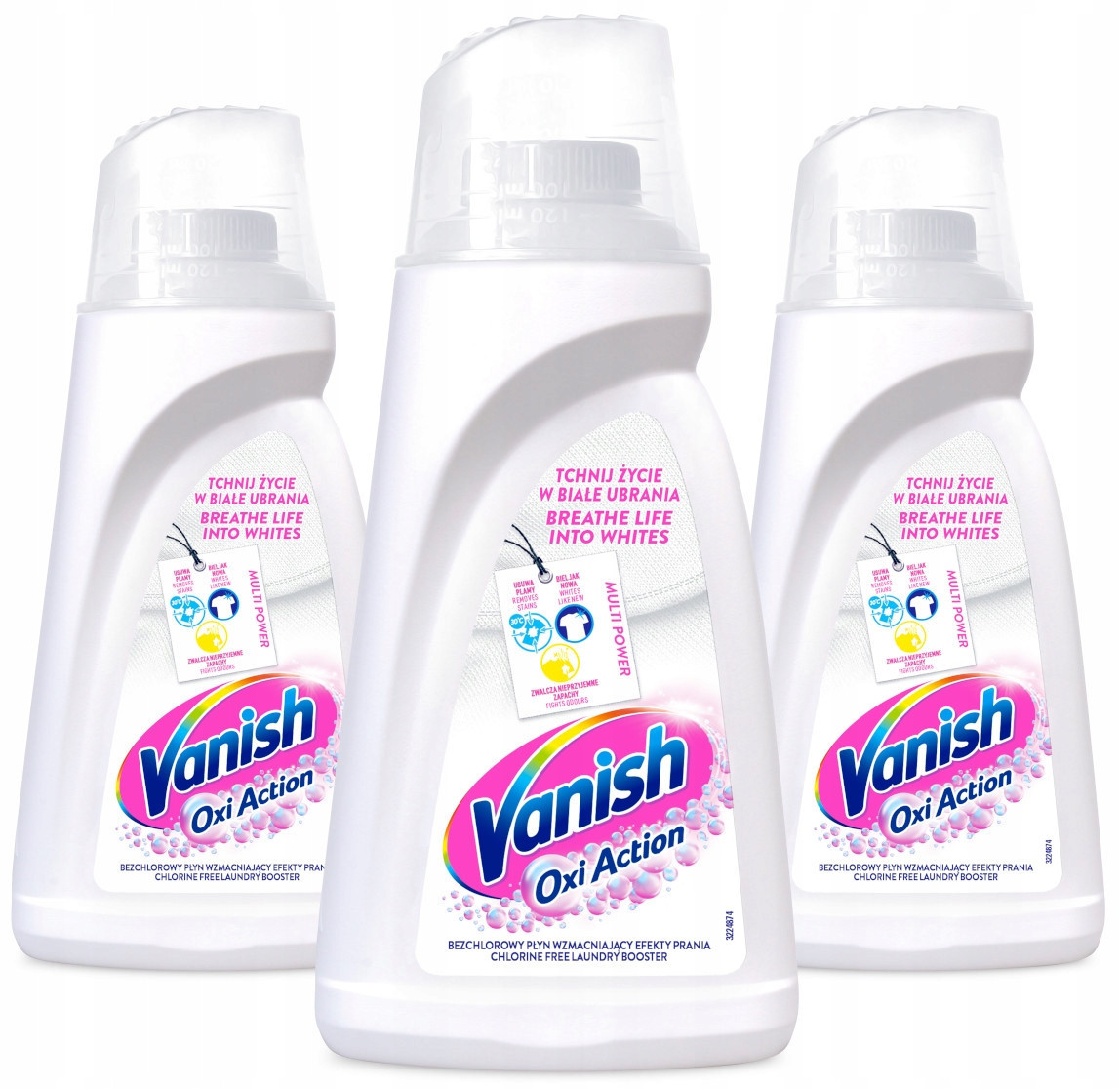 Sada Vanish Oxi Action White tekutý odstraňovač skvrn na bílé 3 x 1 l