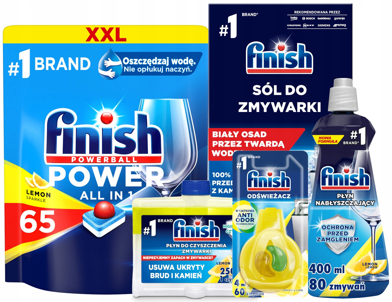 Sada Finish Power All in One Tablety do myčky 65 kusů 4 doplňky