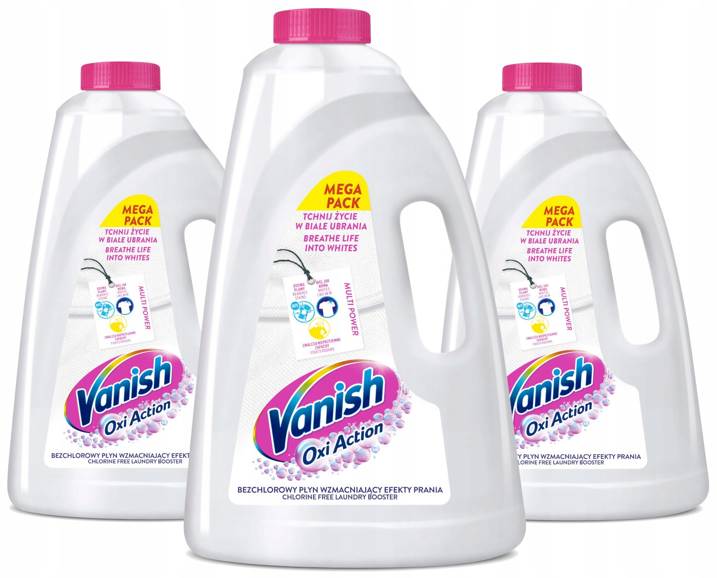 Sada Vanish Oxi Action White tekutý odstraňovač skvrn na bílé prádlo 3x 3 l