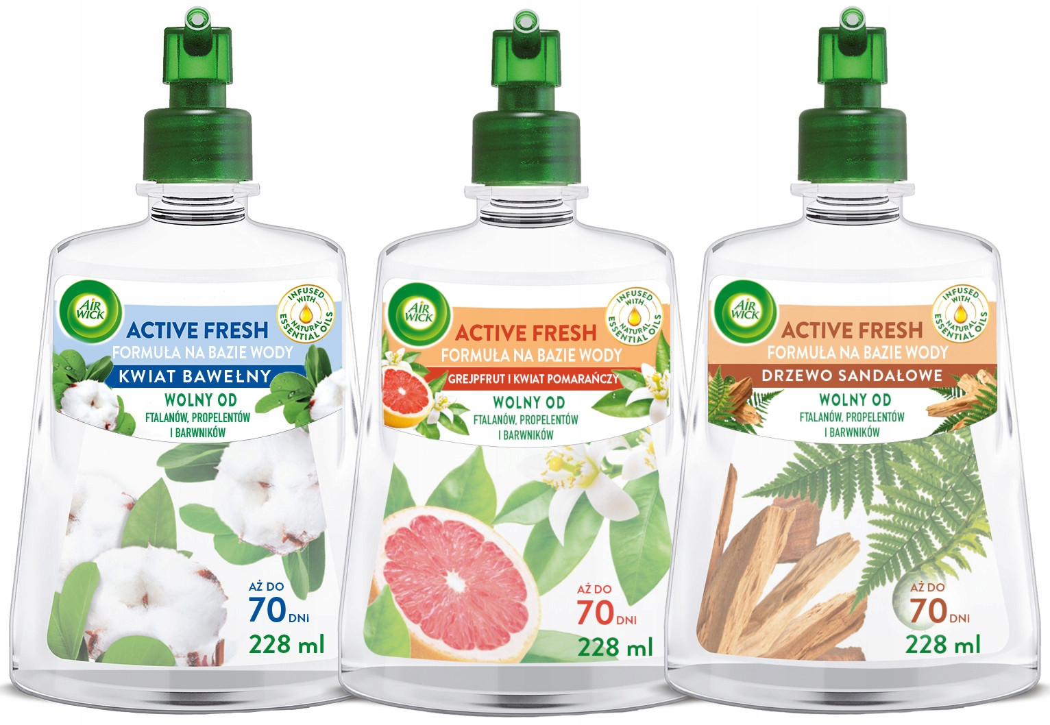 Sada Air Wick Active Fresh Flower Bavlna Sandálový strom náplň 3x 228 ml