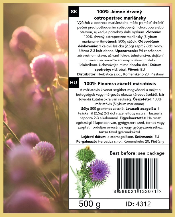 100% jemně drcený ostropestřec mariánský - 500g - Herbatica Balení: 500 g