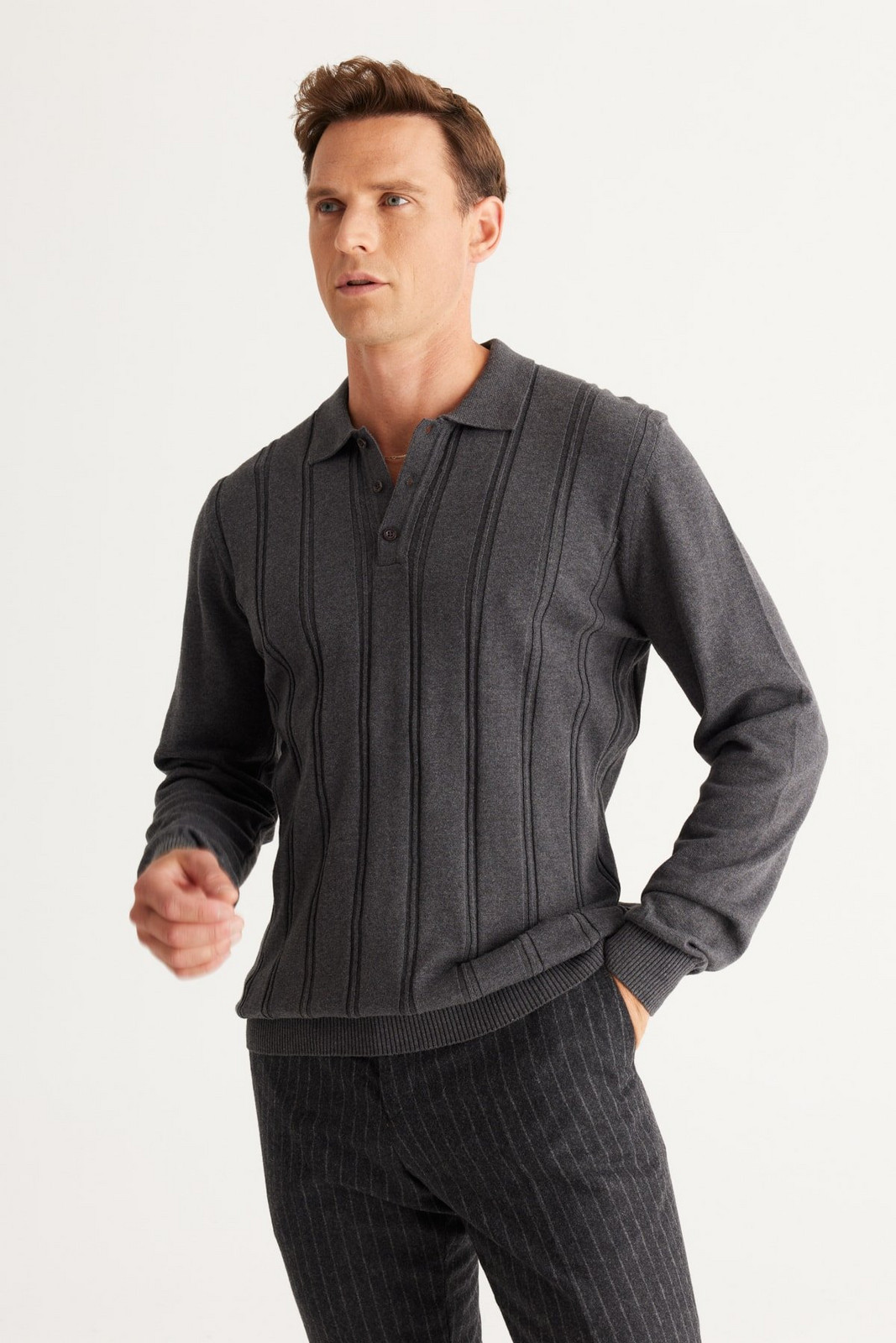 AC&Co / Altınyıldız Classics Men's Anthracite Melange Slim Fit Slim Fit Polo Neck Cotton Patterned Knitwear Sweater