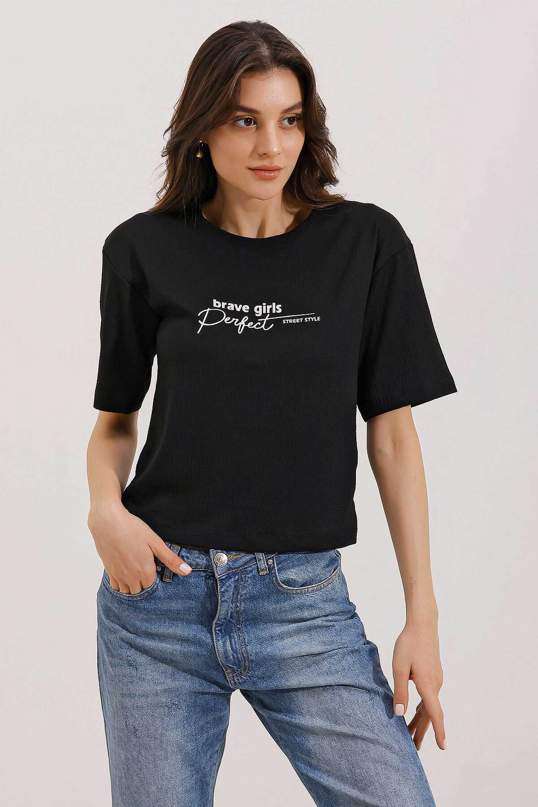 Bigdart 0472 Printed Oversize Knitted T-Shirt - Black