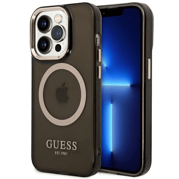 Guess Gold Outline Průsvitné pouzdro MagSafe pro iPhone 14 Pro Max - černé